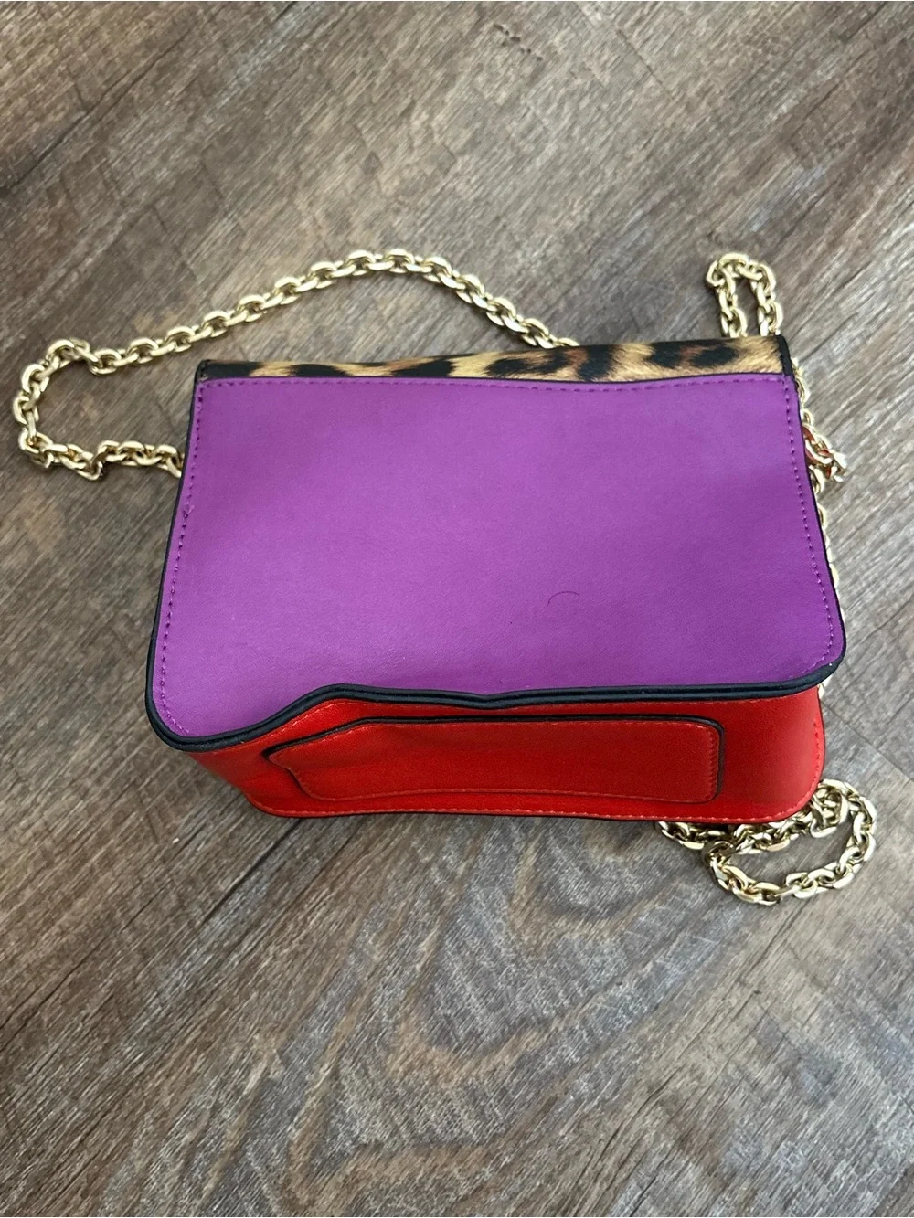 Betsey Johnson Purple, Red & Leopard-Print Crossbody with Gold Chain